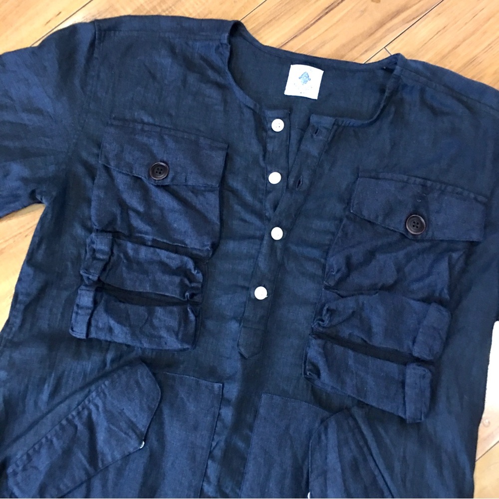 18 East Mfg utility linen blouse shirt top navy blue pockets camping baggy small